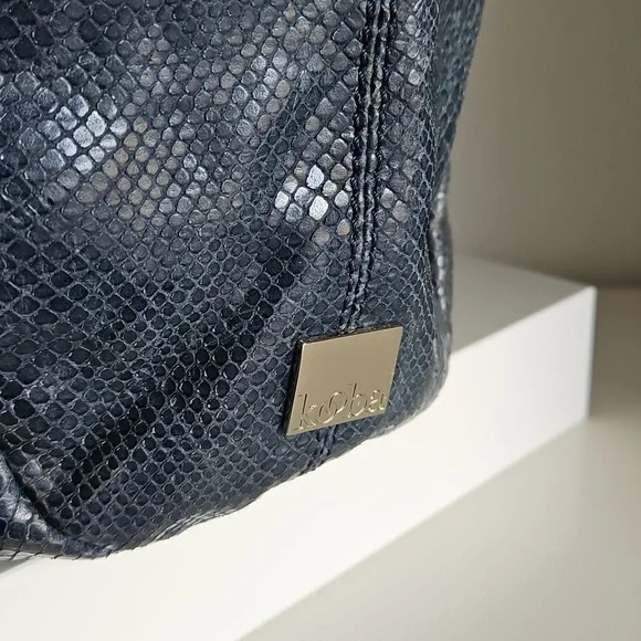 KOOBA Elegant Denim Blue Snake Embossed Glossed Tote Shoulder Bag - Picture 8 of 10